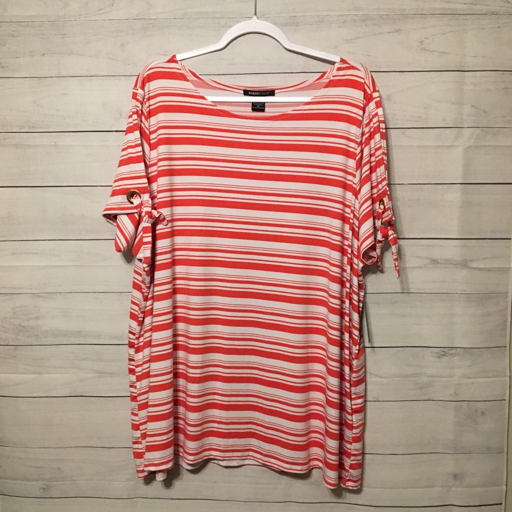 Robert Louis Coral Stripped Top W/Detailed Sleeve